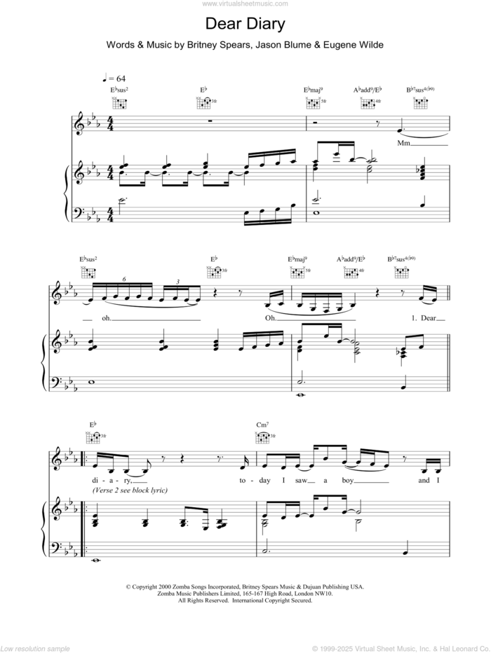 Dear Diary sheet music for voice, piano or guitar by Britney Spears, intermediate skill level