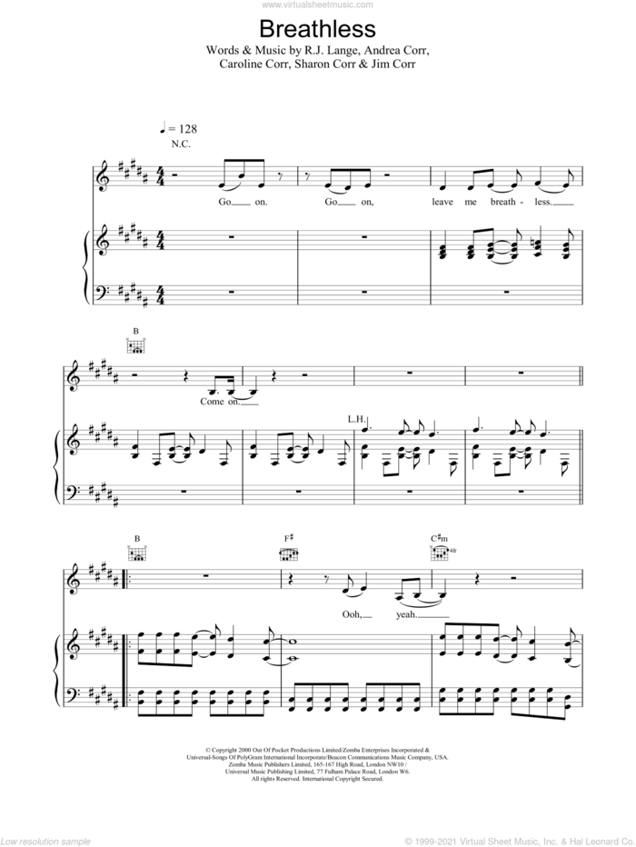 Breathless sheet music for voice, piano or guitar by The Corrs, intermediate skill level
