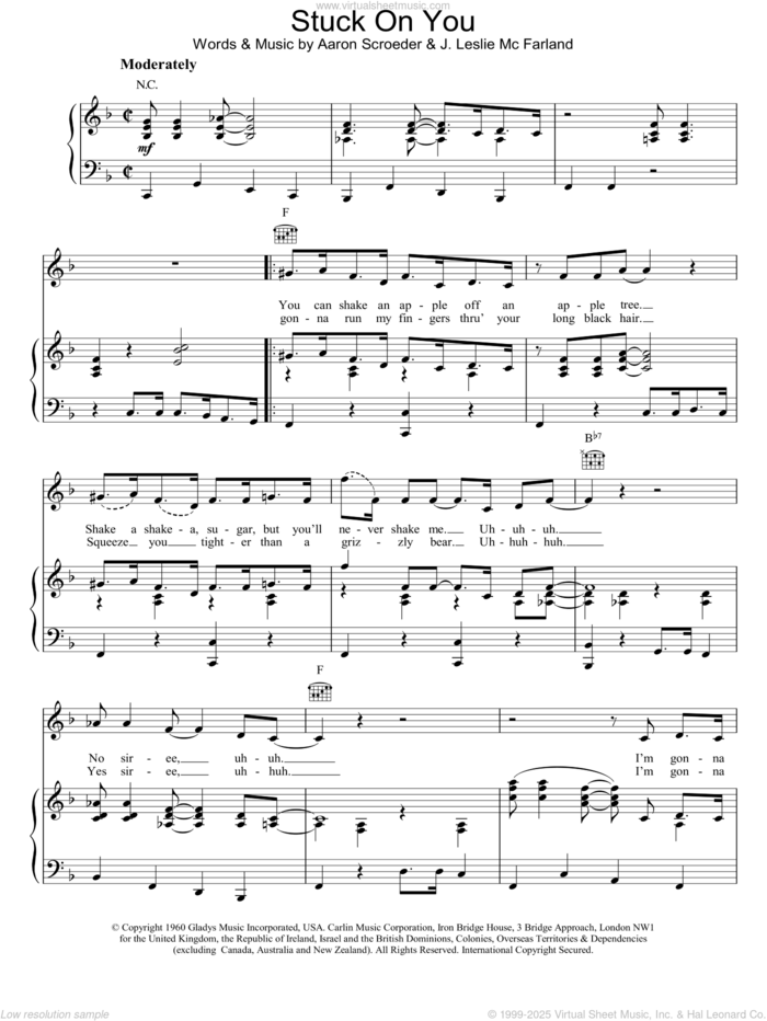 Stuck On You sheet music for voice, piano or guitar by Elvis Presley, Aaron Schroeder and J. Leslie McFarland, intermediate skill level