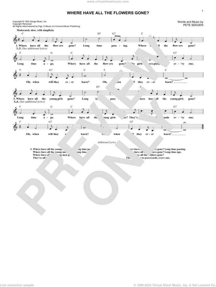 Where Have All The Flowers Gone? sheet music for voice and other instruments (fake book) by Peter, Paul & Mary, The Kingston Trio and Pete Seeger, intermediate skill level