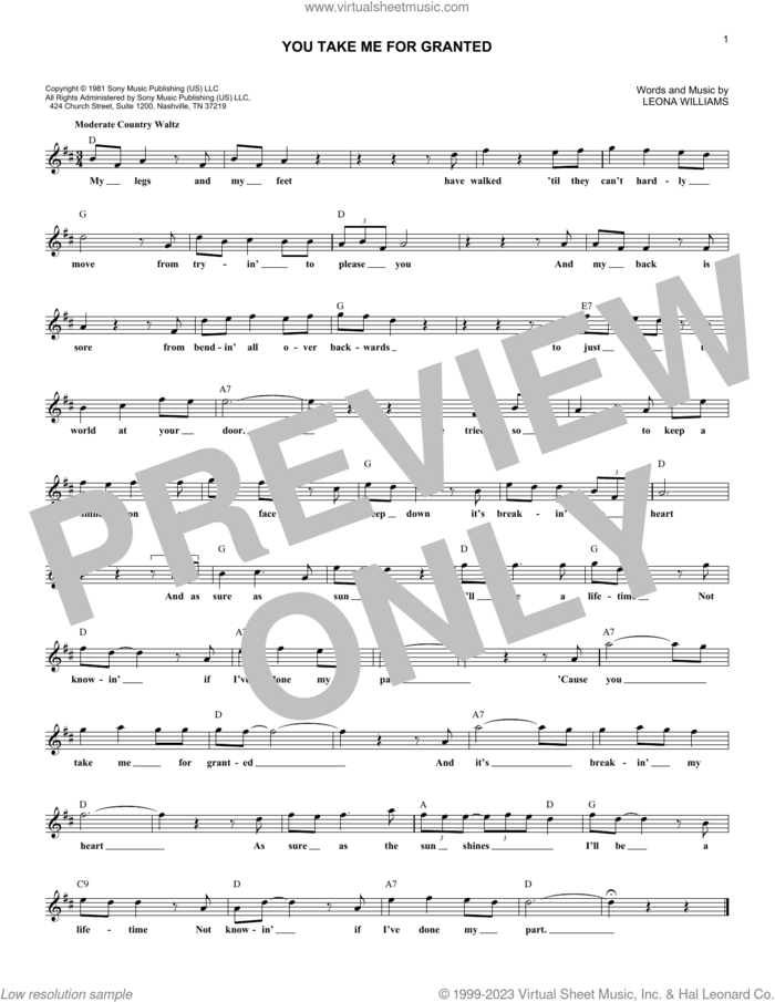 You Take Me For Granted sheet music for voice and other instruments (fake book) by Merle Haggard and Leona Williams, intermediate skill level