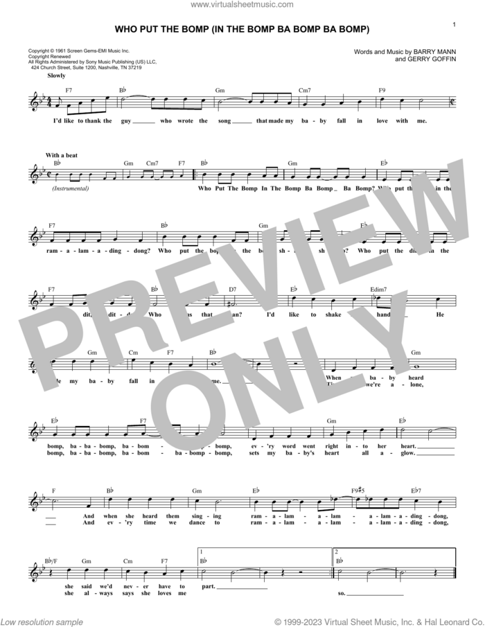 Who Put The Bomp (In The Bomp Ba Bomp Ba Bomp) sheet music for voice and other instruments (fake book) by Barry Mann and Gerry Goffin, intermediate skill level