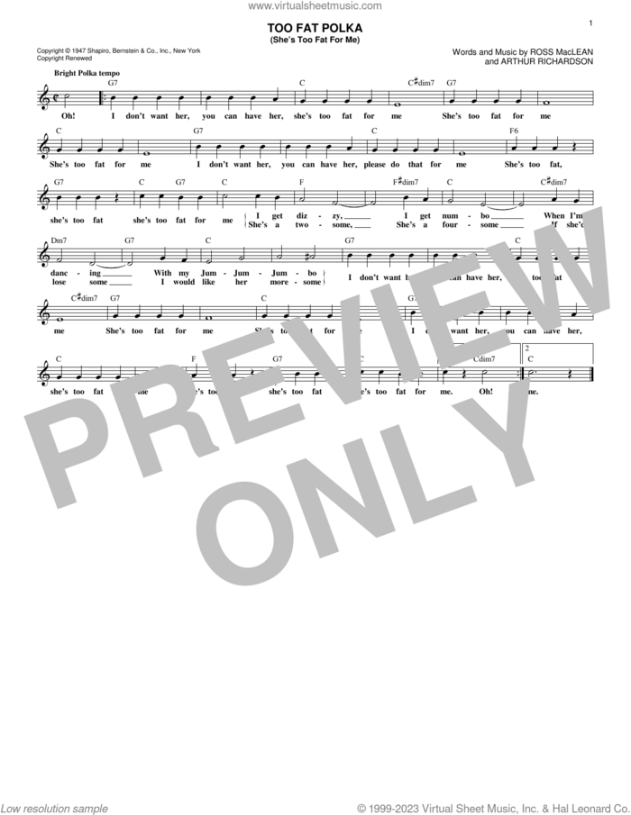Too Fat Polka (She's Too Fat For Me) sheet music for voice and other instruments (fake book) by Frankie Yankovic, Arthur Richardson and Ross MacLean, intermediate skill level