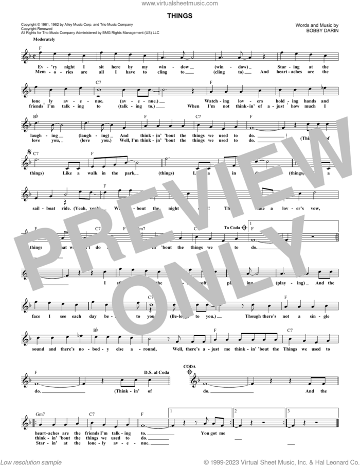 Things sheet music for voice and other instruments (fake book) by Bobby Darin, intermediate skill level