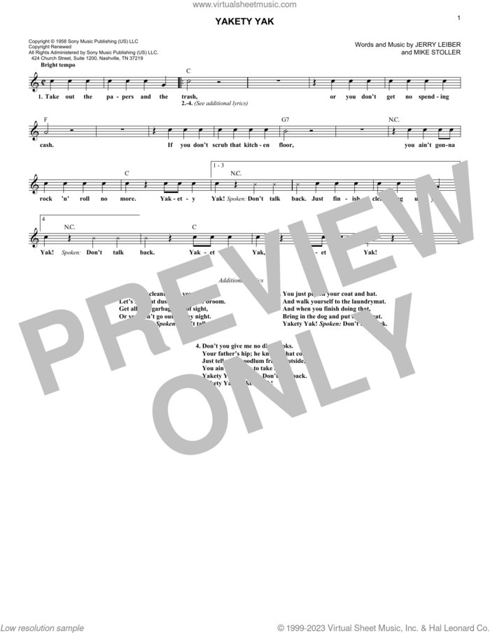 Yakety Yak sheet music for voice and other instruments (fake book) by The Coasters, Jerry Leiber and Mike Stoller, intermediate skill level