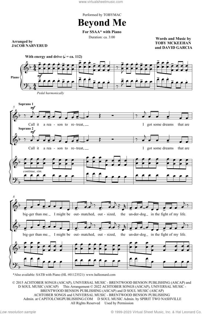 Beyond Me (arr. Jacob Narverud) sheet music for choir (SSA: soprano, alto) by tobyMac, Jacob Narverud, David Arthur Garcia and Toby McKeehan, intermediate skill level