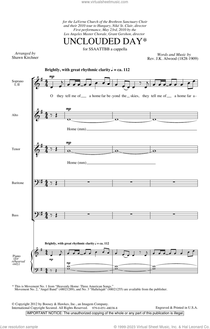 Unclouded Day (from Heavenly Home: Three American Songs) sheet music for choir (SSAATTBB) by Shawn Kirchner and Josiah Kelley Atwood, intermediate skill level