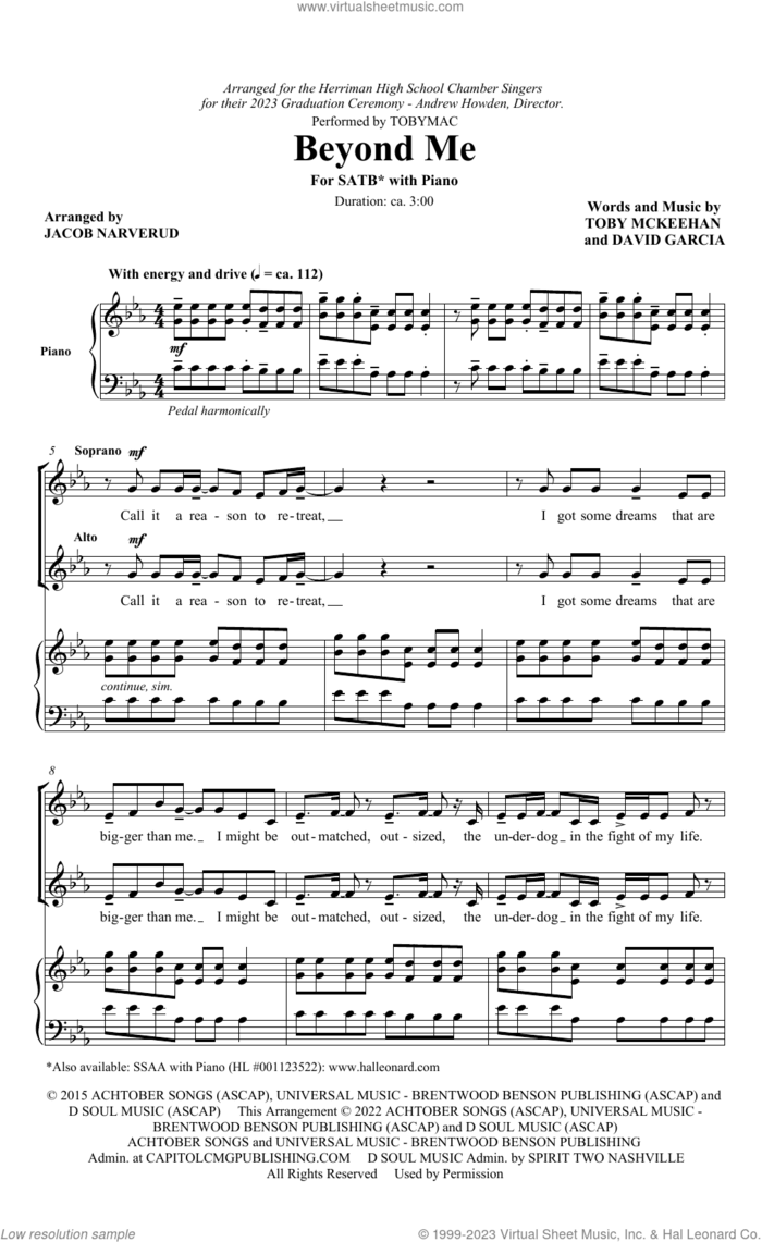 Beyond Me (arr. Jacob Narverud) sheet music for choir (SATB: soprano, alto, tenor, bass) by tobyMac, Jacob Narverud, David Arthur Garcia and Toby McKeehan, intermediate skill level