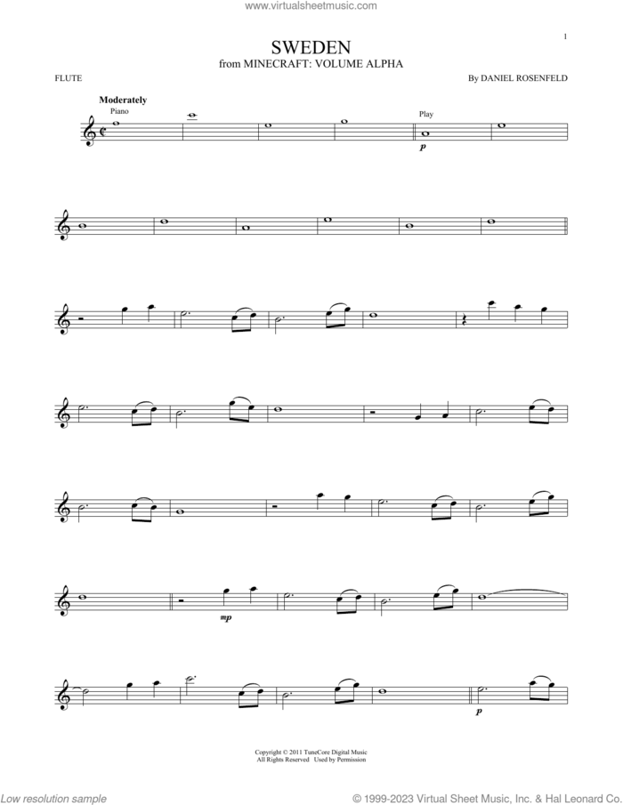 Sweden (from Minecraft) sheet music for flute solo by C418 and Daniel Rosenfeld, intermediate skill level