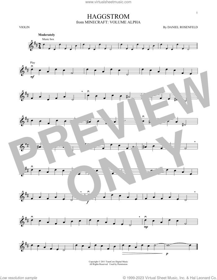 Haggstrom (from Minecraft) sheet music for violin solo by C418 and Daniel Rosenfeld, intermediate skill level