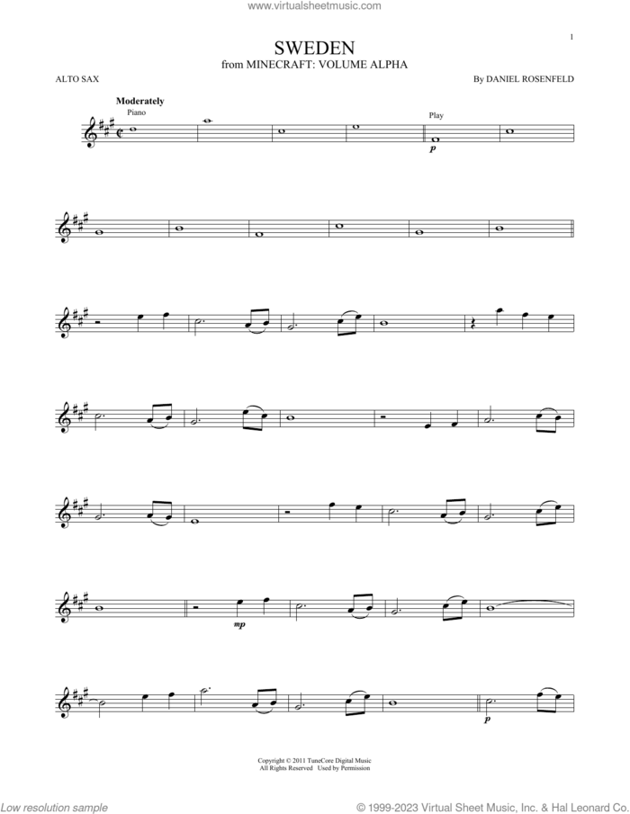 Sweden (from Minecraft) sheet music for alto saxophone solo by C418 and Daniel Rosenfeld, intermediate skill level