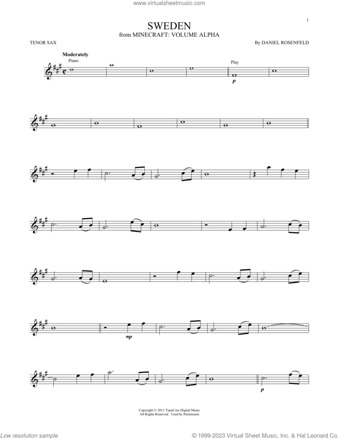 Sweden (from Minecraft) sheet music for tenor saxophone solo by C418 and Daniel Rosenfeld, intermediate skill level