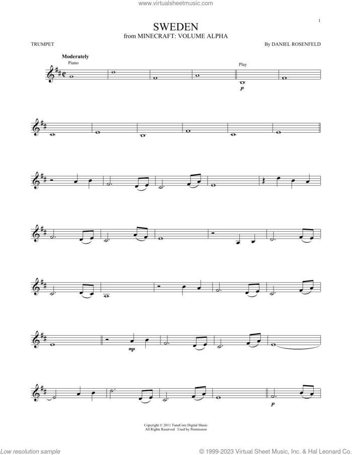 Sweden (from Minecraft) sheet music for trumpet solo by C418 and Daniel Rosenfeld, intermediate skill level