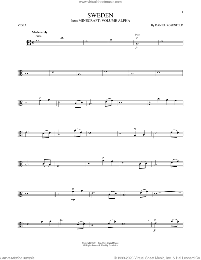 Sweden (from Minecraft) sheet music for viola solo by C418 and Daniel Rosenfeld, intermediate skill level