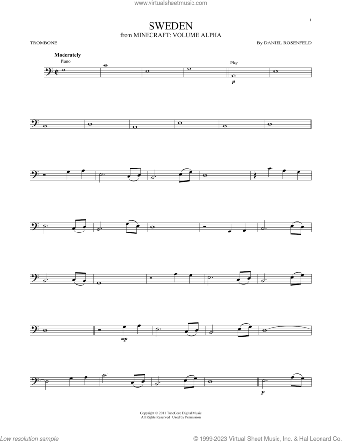 Sweden (from Minecraft) sheet music for trombone solo by C418 and Daniel Rosenfeld, intermediate skill level