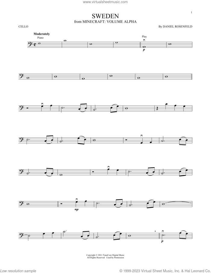 Sweden (from Minecraft) sheet music for cello solo by C418 and Daniel Rosenfeld, intermediate skill level