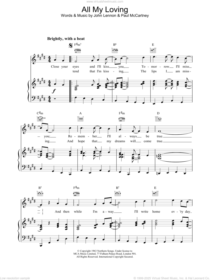 All My Loving sheet music for voice, piano or guitar by The Beatles, intermediate skill level