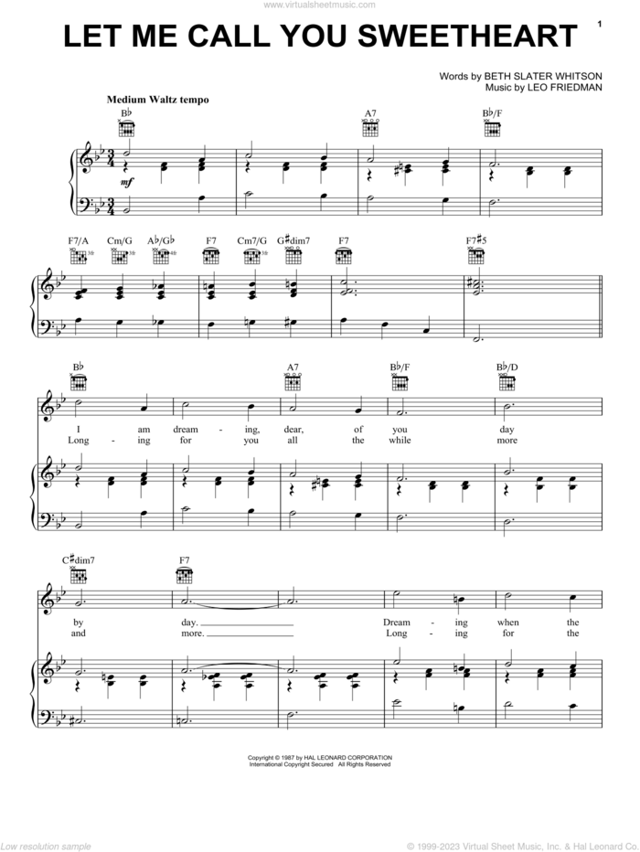Let Me Call You Sweetheart sheet music for voice, piano or guitar by Beth Slater Whitson and Leo Friedman, Beth Slater Whitson and Leo Friedman, intermediate skill level