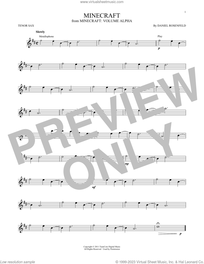 Minecraft sheet music for tenor saxophone solo by C418 and Daniel Rosenfeld, intermediate skill level
