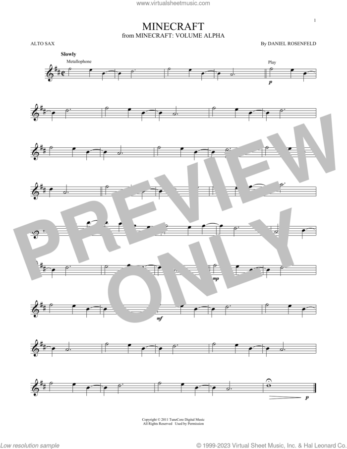 Minecraft sheet music for alto saxophone solo by C418 and Daniel Rosenfeld, intermediate skill level