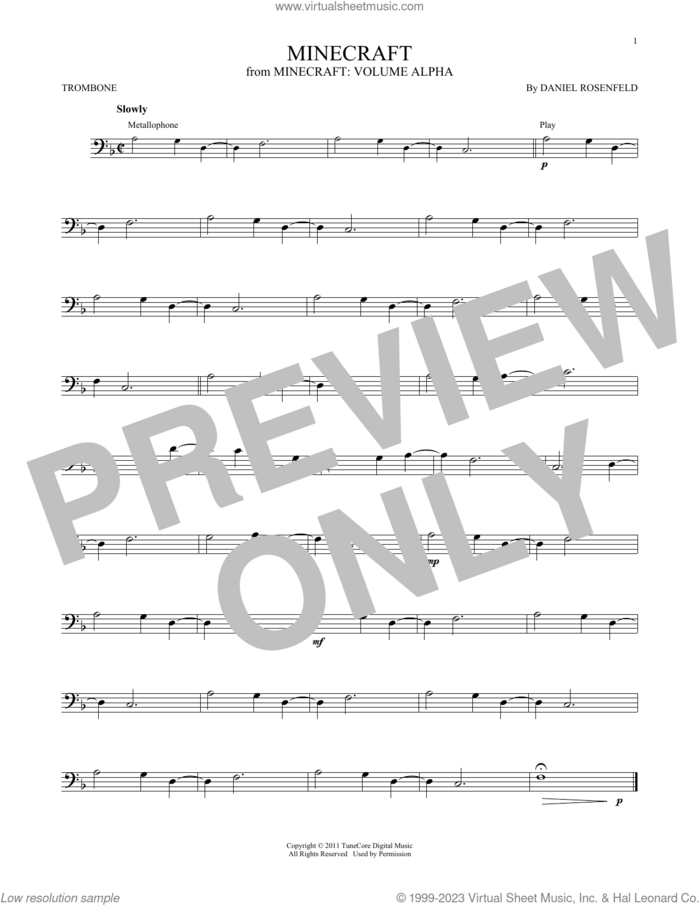 Minecraft sheet music for trombone solo by C418 and Daniel Rosenfeld, intermediate skill level