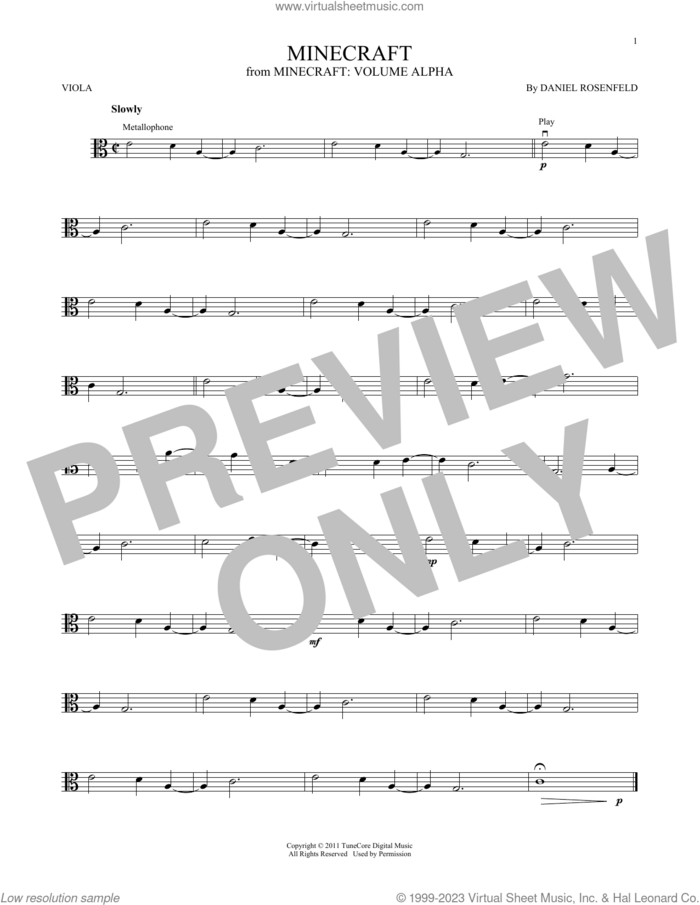 Minecraft sheet music for viola solo by C418 and Daniel Rosenfeld, intermediate skill level