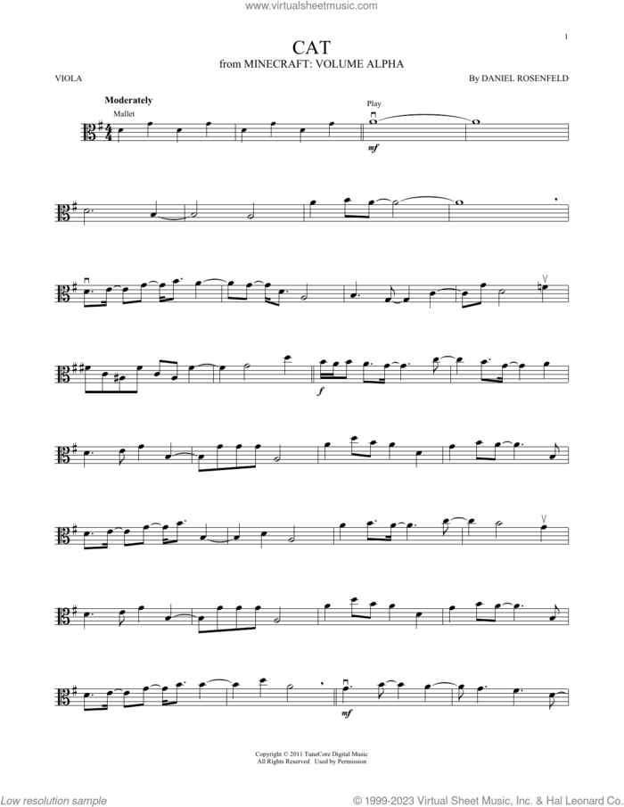 Cat (from Minecraft) sheet music for viola solo by C418 and Daniel Rosenfeld, intermediate skill level