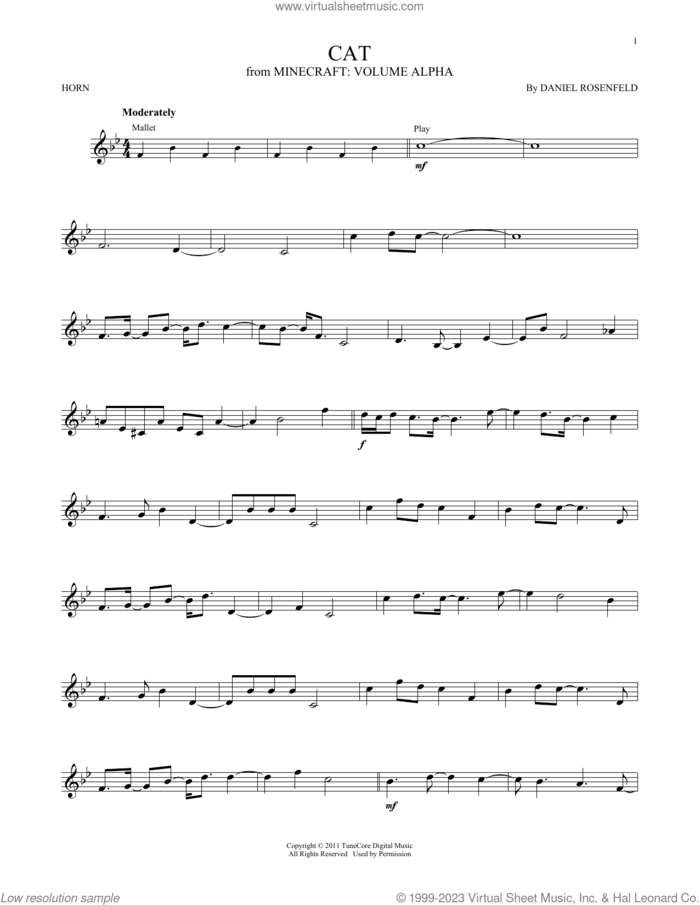 Cat (from Minecraft) sheet music for horn solo by C418 and Daniel Rosenfeld, intermediate skill level