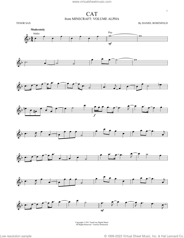 Cat (from Minecraft) sheet music for tenor saxophone solo by C418 and Daniel Rosenfeld, intermediate skill level