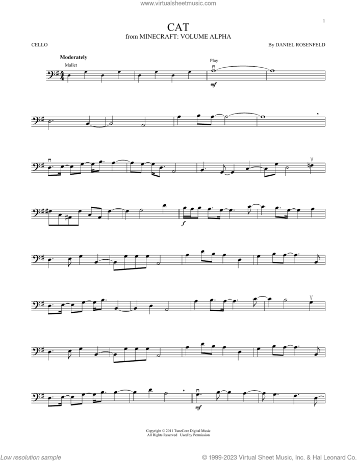 Cat (from Minecraft) sheet music for cello solo by C418 and Daniel Rosenfeld, intermediate skill level