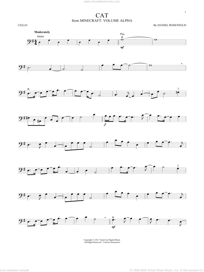 Cat (from Minecraft) sheet music for cello solo by C418 and Daniel Rosenfeld, intermediate skill level