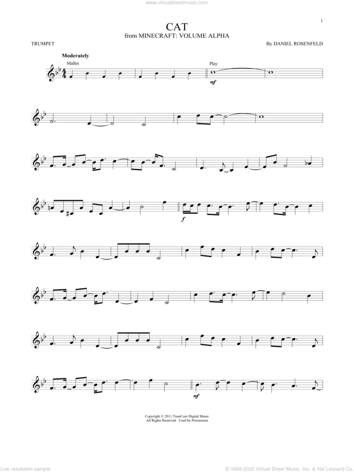 Cat (from Minecraft) sheet music for trumpet solo by C418 and Daniel Rosenfeld, intermediate skill level