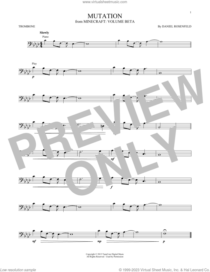 Mutation (from Minecraft) sheet music for trombone solo by C418 and Daniel Rosenfeld, intermediate skill level