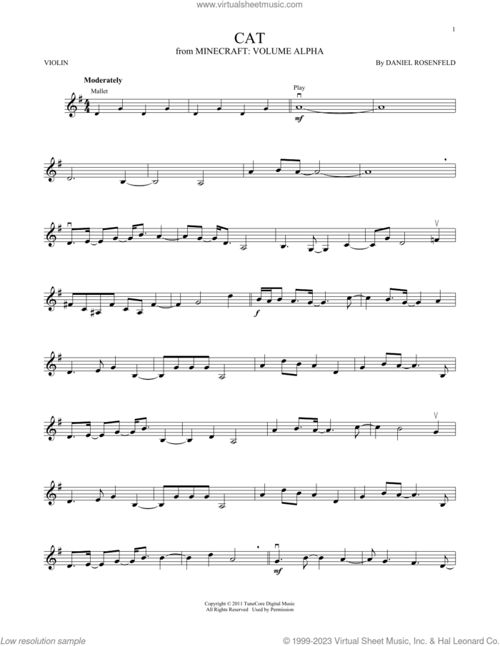 Cat (from Minecraft) sheet music for violin solo by C418 and Daniel Rosenfeld, intermediate skill level