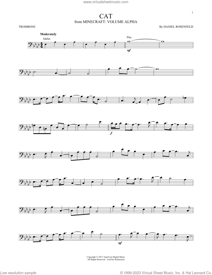 Cat (from Minecraft) sheet music for trombone solo by C418 and Daniel Rosenfeld, intermediate skill level