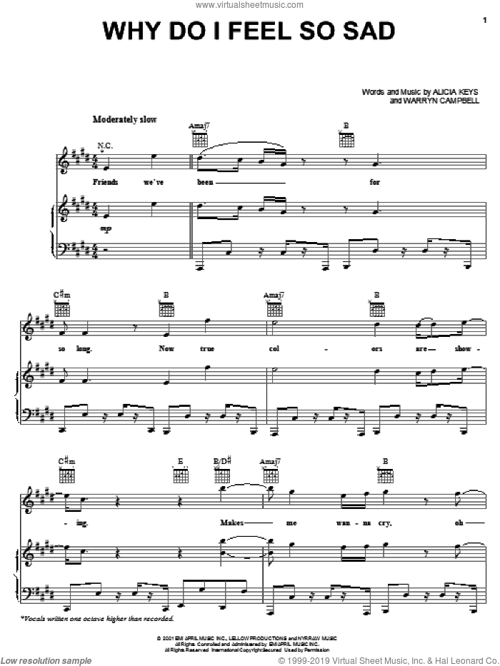 Why Do I Feel So Sad sheet music for voice, piano or guitar by Alicia Keys and Warryn Campbell, intermediate skill level