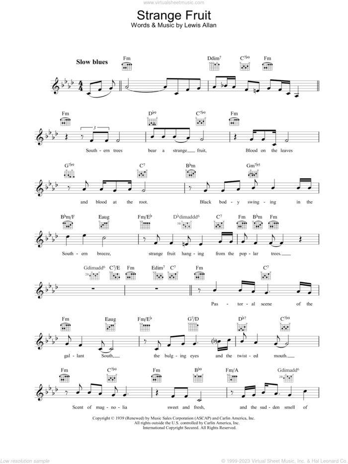 Strange Fruit sheet music for voice and other instruments (fake book) by Billie Holiday and Lewis Allan, intermediate skill level