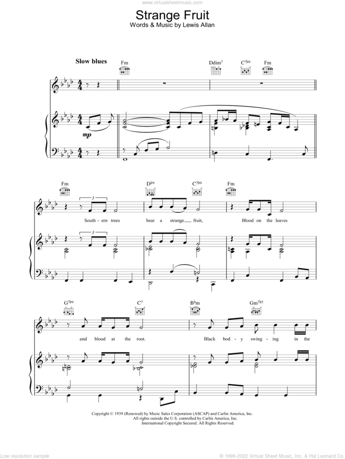 Strange Fruit sheet music for voice, piano or guitar by Billie Holiday and Lewis Allan, intermediate skill level