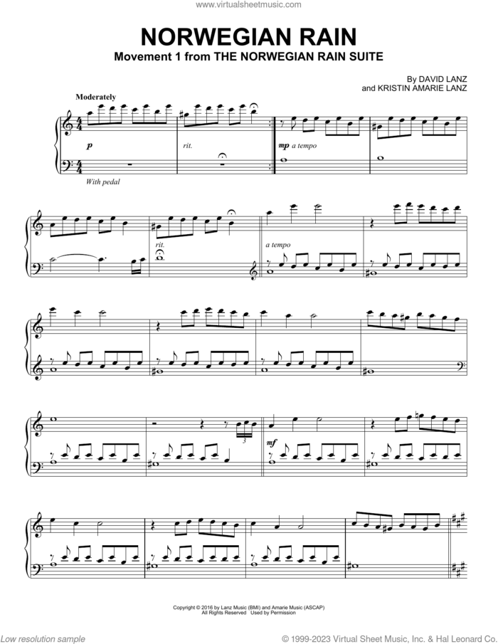 Norwegian Rain sheet music for piano solo by David Lanz and Kristin Amarie Lanz, intermediate skill level