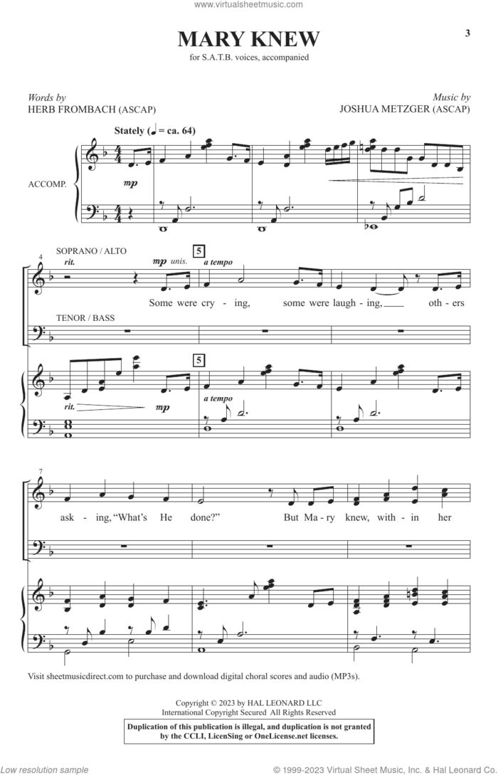 Mary Knew sheet music for choir (SATB: soprano, alto, tenor, bass) by Joshua Metzger and Herb Frombach, intermediate skill level
