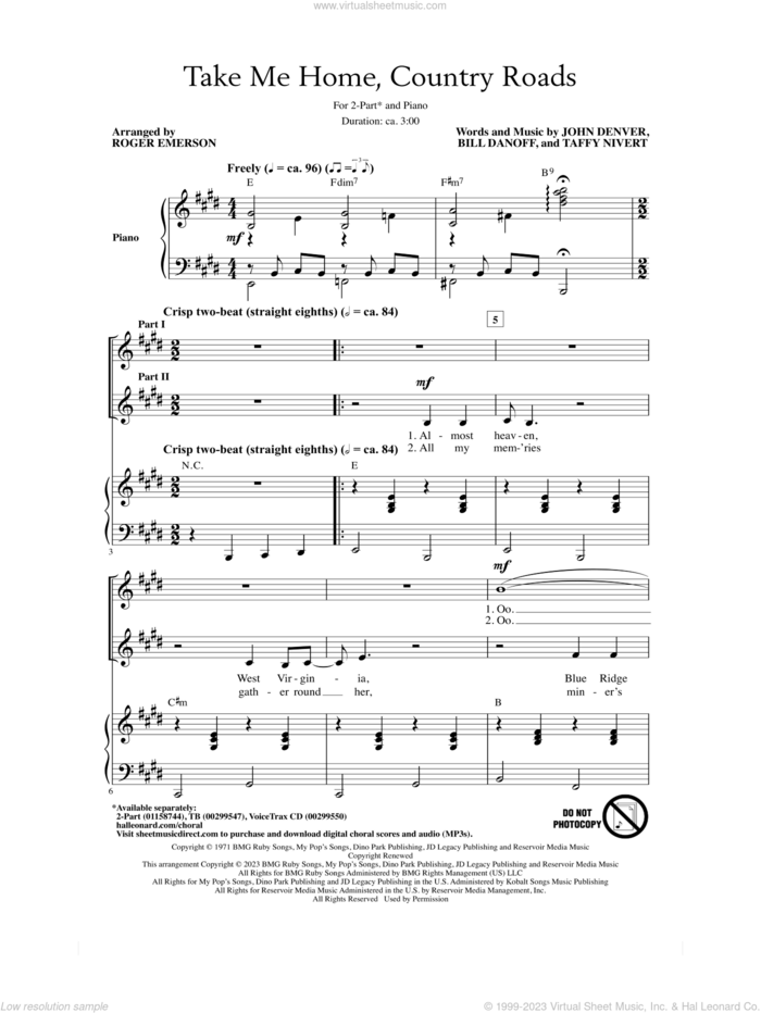 Take Me Home, Country Roads (arr. Roger Emerson) sheet music for choir (2-Part) by John Denver, Roger Emerson, Bill Danoff and Taffy Nivert, intermediate duet