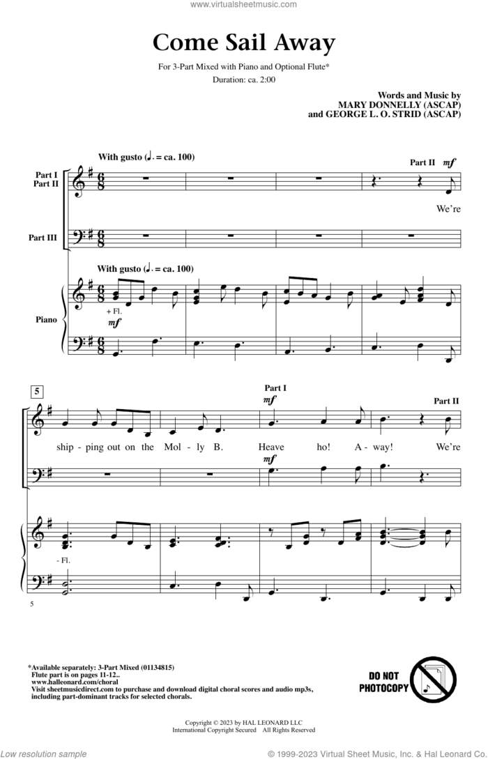 Come Sail Away sheet music for choir (3-Part Mixed) by Mary Donnelly and George L.O. Strid, George L.O. Strid and Mary Donnelly, intermediate skill level