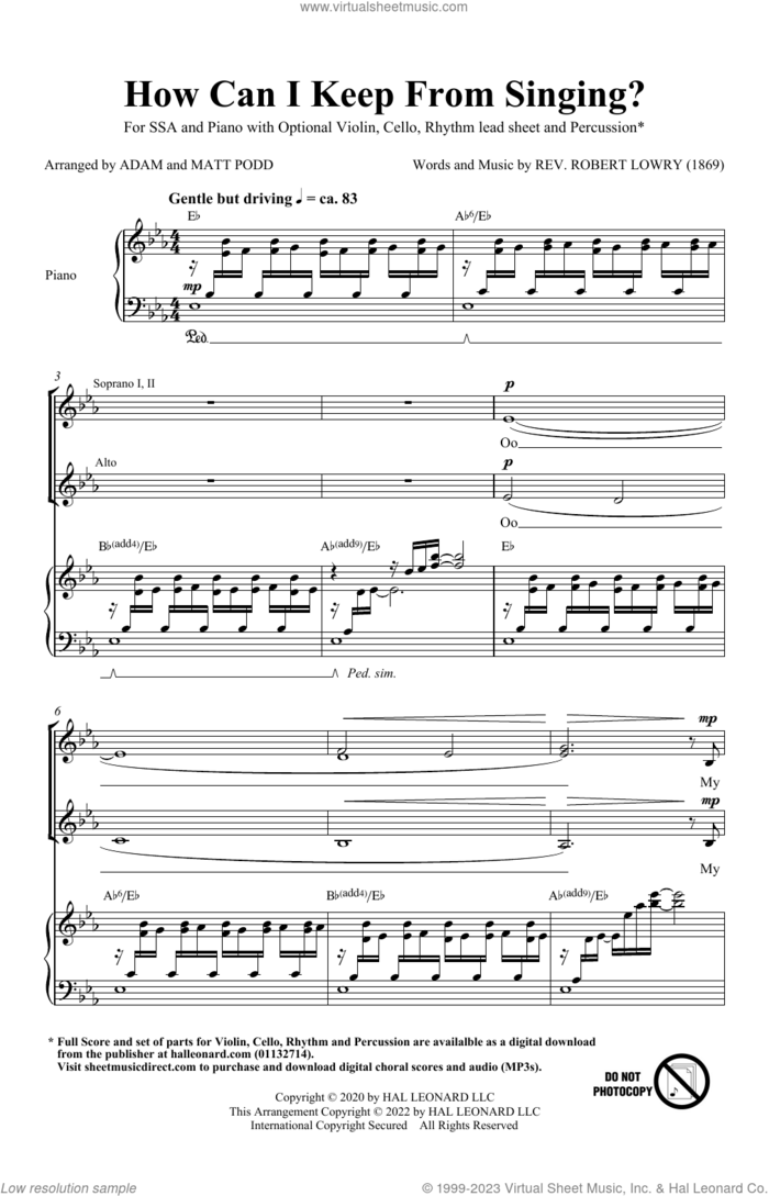 How Can I Keep From Singing (arr. Matt and Adam Podd) sheet music for choir (SSA: soprano, alto) by Robert Lowry, Adam Podd and Matt Podd, intermediate skill level