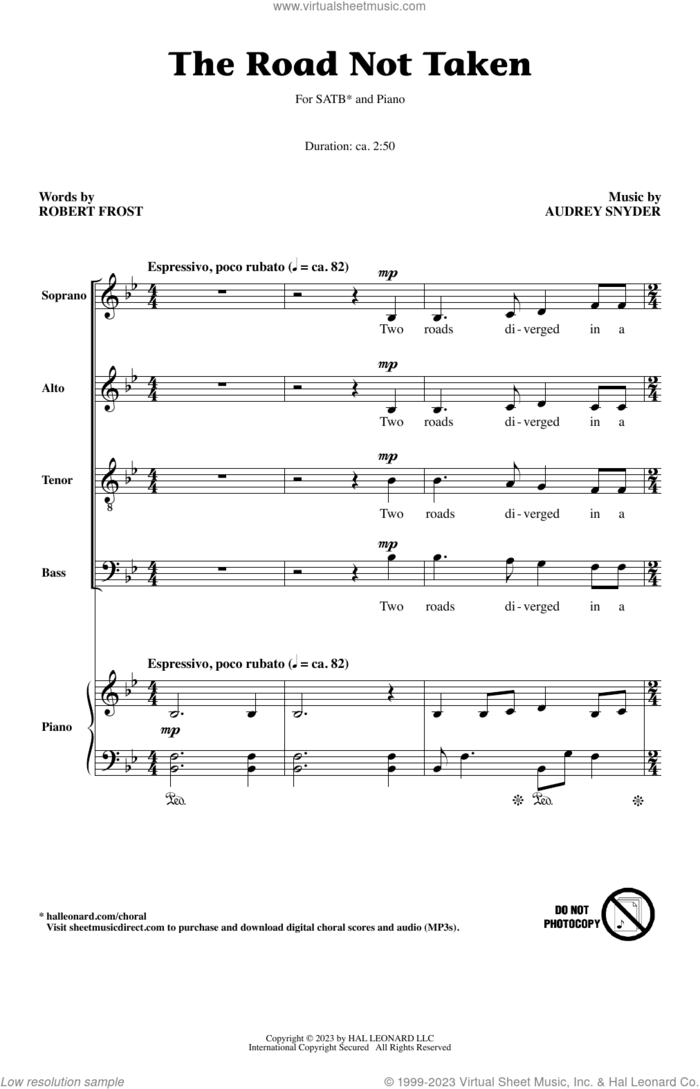 The Road Not Taken sheet music for choir (SATB: soprano, alto, tenor, bass) by Audrey Snyder and Robert Frost, intermediate skill level