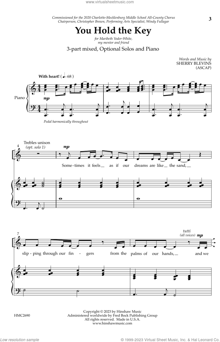 You Hold The Key sheet music for choir (SAB: soprano, alto, bass) by Sherry Blevins, intermediate skill level