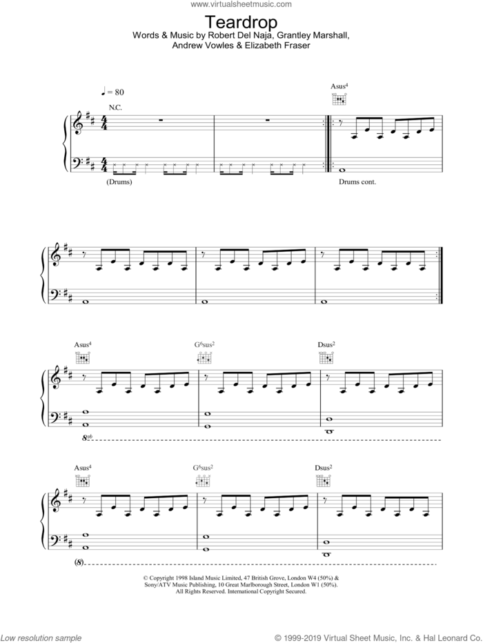 Teardrop sheet music for voice, piano or guitar by Massive Attack, intermediate skill level