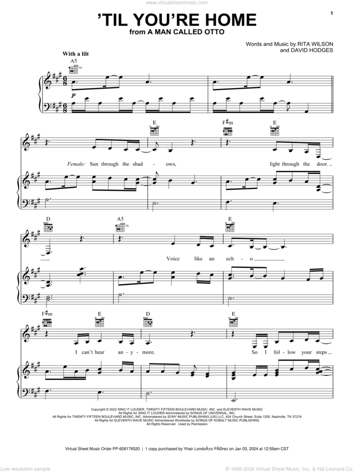 Til You're Home (from A Man Called Otto) sheet music for voice, piano or guitar by Rita Wilson & Sebastian Yatra, David Hodges and Rita Wilson, intermediate skill level