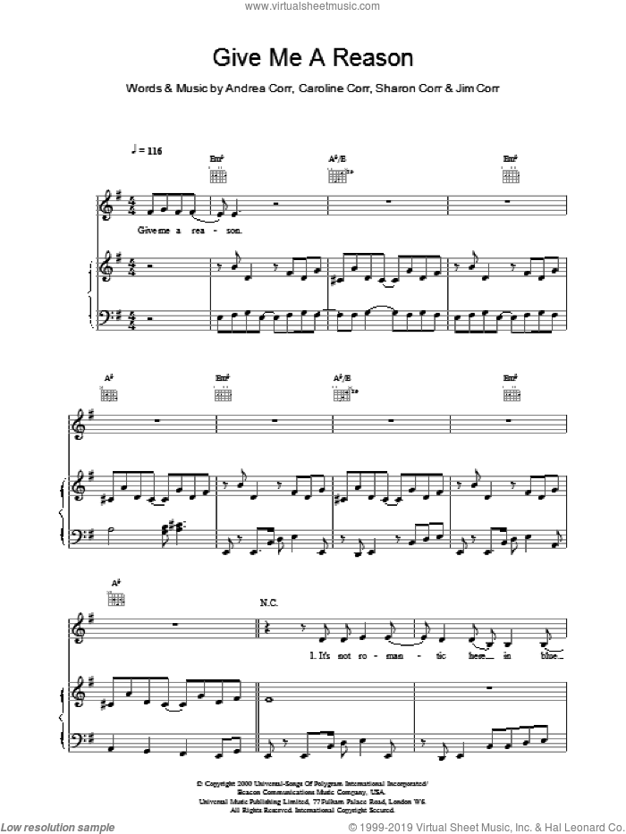 Give Me A Reason sheet music for voice, piano or guitar by The Corrs, intermediate skill level