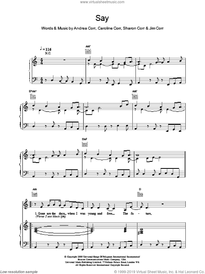 Say sheet music for voice, piano or guitar by The Corrs, intermediate skill level