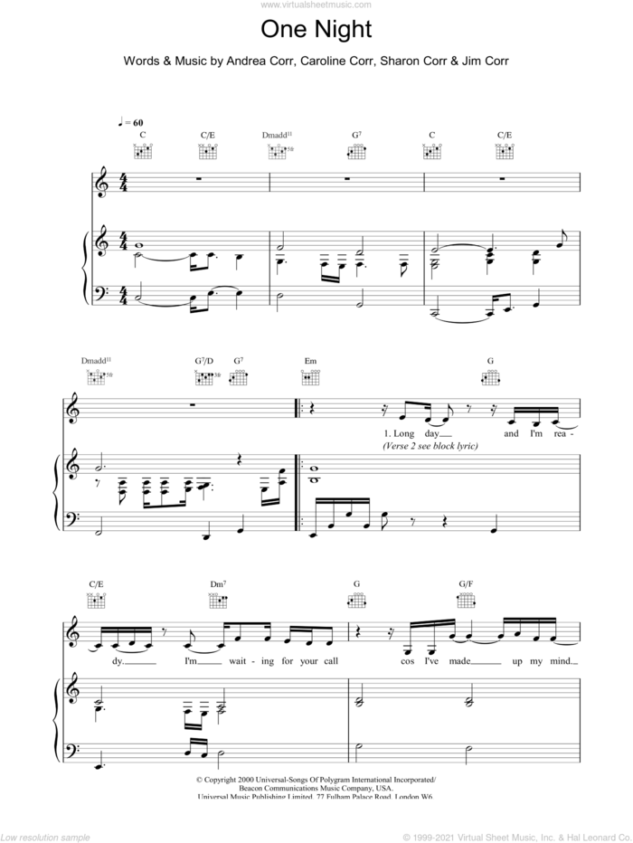 One Night sheet music for voice, piano or guitar by The Corrs, intermediate skill level
